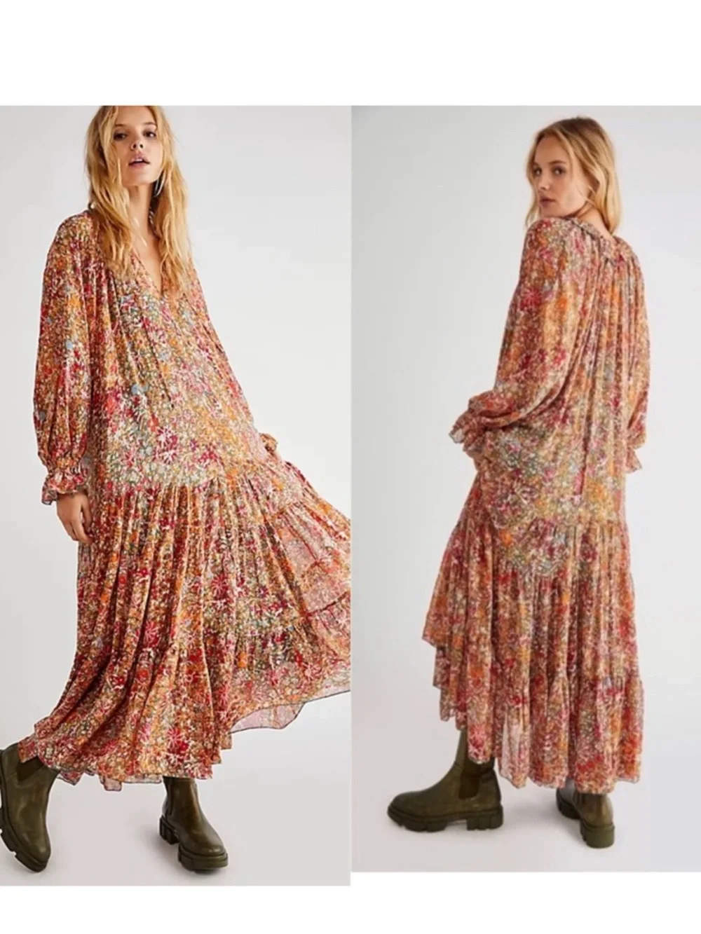 Free People Feeling Groovy Floral Tiered Boho Sheer Long Sleeve Maxi Dress XL - Picture 1 of 11